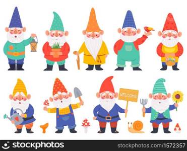 Gnome characters. Cute gnomes with beard funny garden decoration, adorable dwarfs with lantern, watering can and flowers cartoon vector set. Character with shovel with mushrooms, pot with plant. Gnome characters. Cute gnomes with beard funny garden decoration, adorable dwarfs with lantern, watering can and flowers cartoon vector set