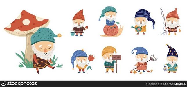 Gnome characters. Dwarf and mushroom, gnomes set. Spring tiny men with beards. Garden fairy tale people with flower and fish, vector collection. Illustration of character gnome with beard and mushroom. Gnome characters. Dwarf and mushroom, gnomes cute set. Spring tiny men with beards. Garden fairy tale people with flower and fish, neoteric vector collection