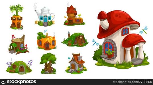 Gnome houses vector icons, cartoon fantasy building made of plants, vegetables and trees with green leaves. Fairy, gnome or elf cute homes in pumpkin, mushroom, carrot, stump and pot isolated set. Gnome houses cartoon fantasy building vector icons