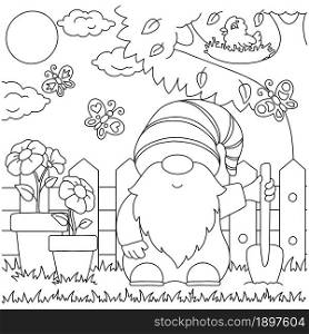 Gnome in the garden. Coloring book page for kids. Cartoon style character. Vector illustration isolated on white background.