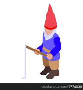 Gnome with fishing rod icon. Isometric of Gnome with fishing rod vector icon for web design isolated on white background. Gnome with fishing rod icon, isometric style