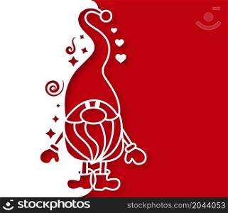 gnome with hearts and stars on a red background for postcards, banners, greetings and creative design. Vector illustration