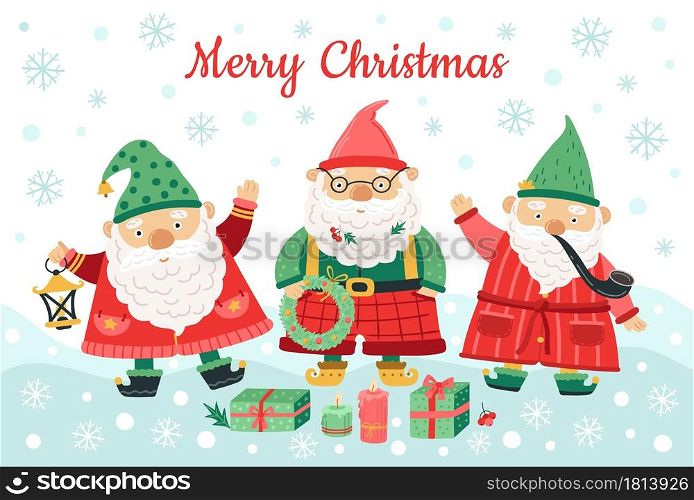 Gnomes christmas characters. Funny dwarfs, smiling men on snow background. Nordic season background, winter greetings vector illustration. Gnome seasonal with decoration for greeting. Gnomes christmas characters. Funny dwarfs, smiling men on snow background. Nordic season background, winter greetings vector illustration