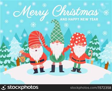 Gnomes christmas characters. Xmas greeting card with cute dwarfs, winter elements and lettering, december holidays vector background. Happy new year. Snowy lawn with fir trees and snowflakes. Gnomes christmas characters. Xmas greeting card with cute dwarfs, winter elements and lettering, december holidays vector background
