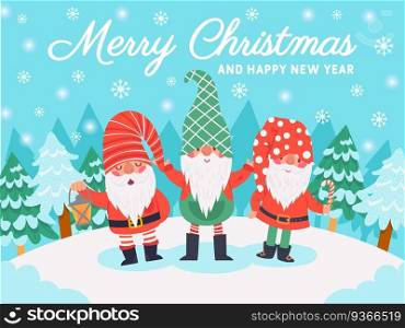 Gnomes christmas characters. Xmas greeting card with cute dwarfs, winter elements and lettering, december holidays vector background. Happy new year. Snowy lawn with fir trees and snowflakes. Gnomes christmas characters. Xmas greeting card with cute dwarfs, winter elements and lettering, december holidays vector background