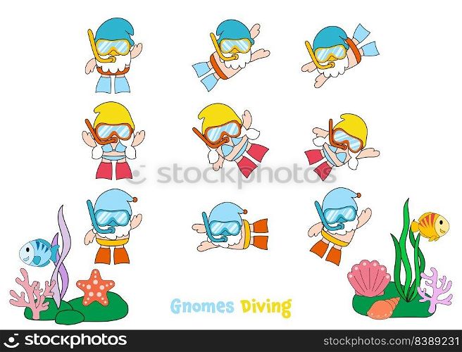 Gnomes Diving Summer, Filled Clipart