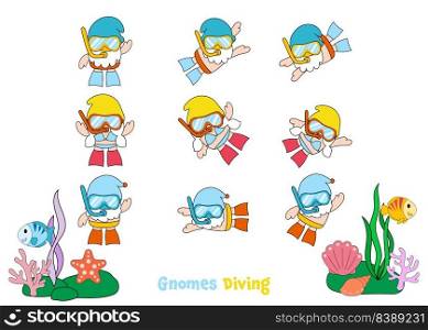 Gnomes Diving Summer, Filled Clipart