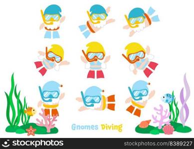 Gnomes Diving Summer, Flat Clipart