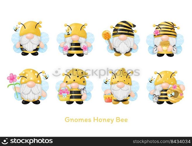 Gnomes Honey Bee Watercolor Clipart, Digital painting
