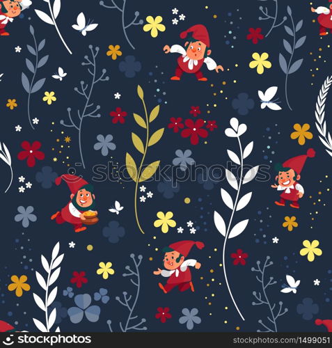 Gnomes seamless pattern. Background dwarf elf character poses magical leprechaun cute fairy tale man vector illustration