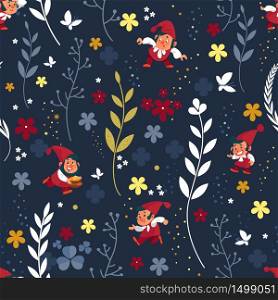 Gnomes seamless pattern. Background dwarf elf character poses magical leprechaun cute fairy tale man vector illustration
