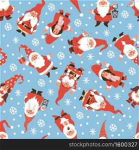 Gnomes seamless pattern. Christmas dwarfs in red white costumes, xmas holiday decor traditional winter elements, creative decor textile, wrapping paper wallpaper vector texture on blue background. Gnomes seamless pattern. Christmas dwarfs in red white costumes, xmas holiday decor winter elements, decor textile, wrapping paper wallpaper vector texture on blue background