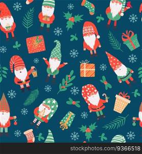 Gnomes seamless pattern. Funny christmas dwarfs and gifts, winter festive print children textile, wrapping paper, wallpaper vector texture. Present boxes, socks and holly berry plant branches. Gnomes seamless pattern. Funny christmas dwarfs and gifts, winter festive print children textile, wrapping paper, wallpaper vector texture
