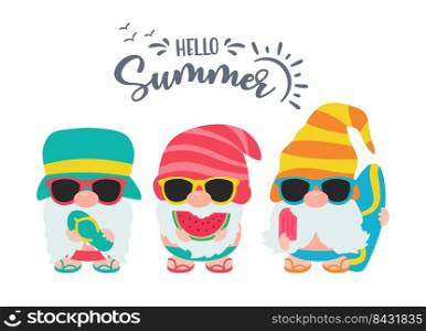 Gnomes Summer. Gnomes wear hats and sunglasses for summer trips to the beach.