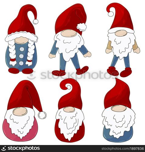 Gnomes Vector Bundle. Collection of gnomes on Santa Claus hats in handdrawn style. Set of vector illustrations for your design. Sign, sticker, pin. Christmas illustration with gnomes