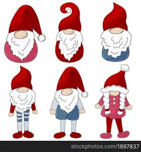 Gnomes Vector Bundle. Collection of gnomes on Santa Claus hats in handdrawn style. Set of vector illustrations for your design. Sign, sticker. Christmas illustration with gnomes. Cute holiday illustration