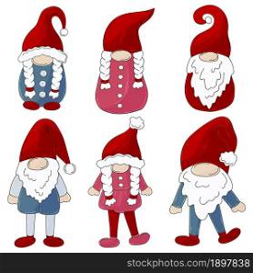 Gnomes Vector Bundle. Collection of gnomes on Santa Claus hats in handdrawn style. Set of vector illustrations for your design. Sign. Christmas illustration with gnomes