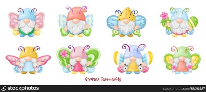 Gnomes wearing Butterfly watercolor Clipart. 