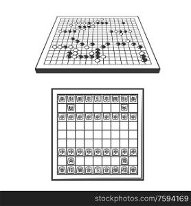 Go and shogi chess Japanese strategy game boards. Wooden vector boards with pieces, black and white stones on play field grids, oriental boardgame items isolated on white. Go and shogi boards with pieces. Japanese games