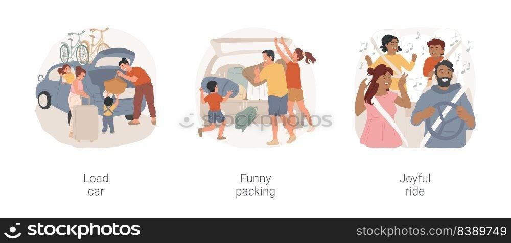 Go c&ing isolated cartoon vector illustration set. Family going on vacation, loading trunk with bags, funny packing, c&ing gear does not fit, joyful ride, having fun in car vector cartoon.. Go c&ing isolated cartoon vector illustration set.