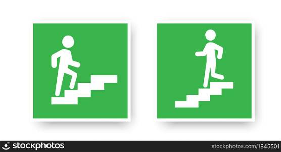 Go down and up stairs icon in white frame on green backdrop. Emergency evacuation. Vector illustration. Stock image. EPS 10.. Go down and up stairs icon in white frame on green backdrop. Emergency evacuation. Vector illustration. Stock image.