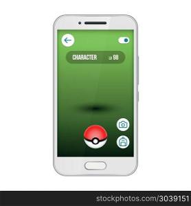 Go Game app screen smartphone vector interface. Go Game app screen smartphone vector interface with gameball. Find and catch cute monsters
