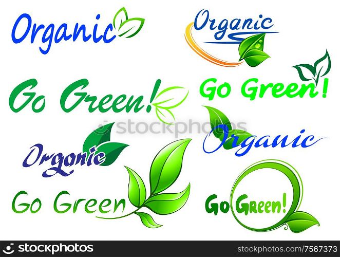 Go Green icons and symbols with text for fresh natural food, environment and ecology design