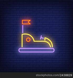 Go kart in amusement park neon sign. Open car with flag on dark wall. Night bright advertisement. Vector illustration in neon style for entertainment and leisure