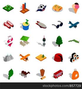Go on a trip icons set. Isometric set of 25 go on a trip vector icons for web isolated on white background. Go on a trip icons set, isometric style