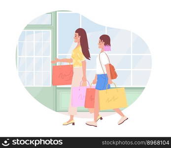 Go shopping 2D vector isolated illustration. Modern mom and daughter purchasing clothes together flat characters on cartoon background. Colorful editable scene for mobile, website, presentation. Go shopping 2D vector isolated illustration