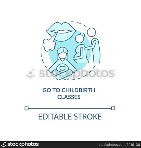 Go to childbirth classes blue concept icon. Partner support during pregnancy abstract idea thin line illustration. Husband involvement. Vector isolated outline color drawing. Editable stroke. Go to childbirth classes blue concept icon