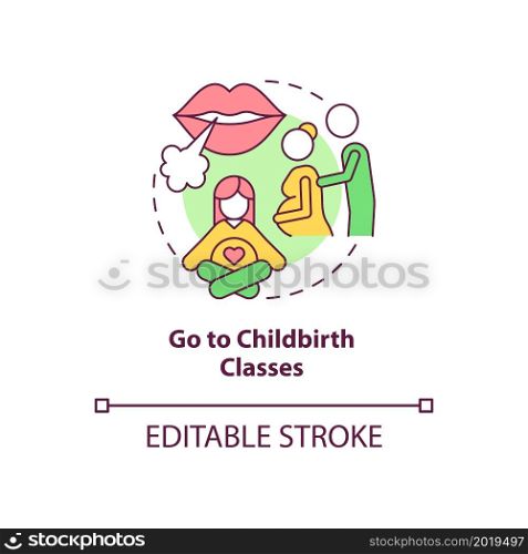 Go to childbirth classes concept icon. Partner support during pregnancy abstract idea thin line illustration. Attending antenatal courses. Vector isolated outline color drawing. Editable stroke. Go to childbirth classes concept icon