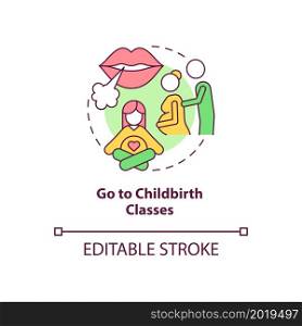 Go to childbirth classes concept icon. Partner support during pregnancy abstract idea thin line illustration. Attending antenatal courses. Vector isolated outline color drawing. Editable stroke. Go to childbirth classes concept icon