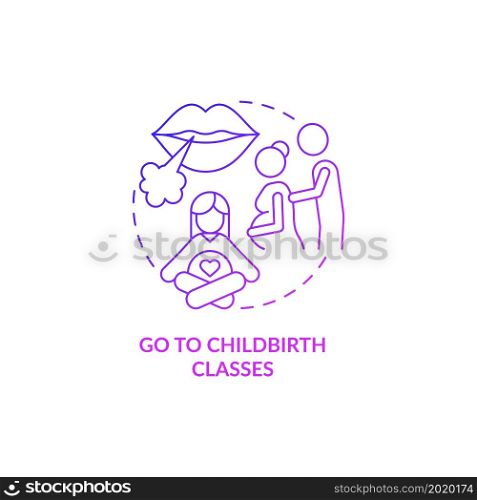 Go to childbirth classes purple gradient concept icon. Partner support during pregnancy abstract idea thin line illustration. Showing support during labor. Vector isolated outline color drawing. Go to childbirth classes purple gradient concept icon
