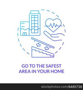 Go to safest area in home blue gradient concept icon. Disaster preparedness abstract idea thin line illustration. Safe shelter. Stairs in basement. Isolated outline drawing. Myriad Pro-Bold font used. Go to safest area in home blue gradient concept icon