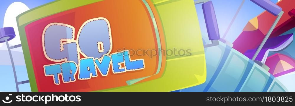 Go travel banner with luggage bags on background. Vector poster with cartoon illustration of suitcases with pocket, handle and wheels. Concept of tourism, summer vacation, airplane journey. Go travel banner with luggage bags and suitcase
