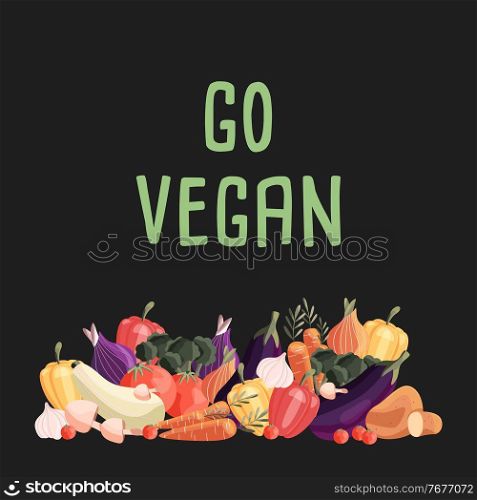 Go vegan square poster template with collection of fresh organic vegetables. Colorful hand drawn illustration on dark green background. Vegetarian and vegan food.
