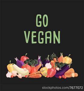 Go vegan square poster template with collection of fresh organic vegetables. Colorful hand drawn illustration on dark green background. Vegetarian and vegan food.