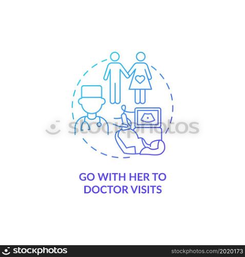 Go with her to doctor visits blue gradient concept icon. Partner support during pregnancy abstract idea thin line illustration. Pregnant woman routine check up. Vector isolated outline color drawing. Go with her to doctor visits blue gradient concept icon