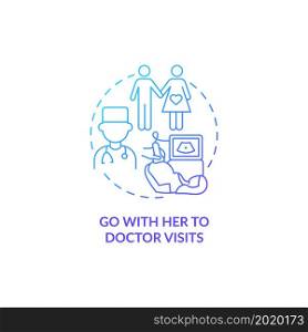 Go with her to doctor visits blue gradient concept icon. Partner support during pregnancy abstract idea thin line illustration. Pregnant woman routine check up. Vector isolated outline color drawing. Go with her to doctor visits blue gradient concept icon