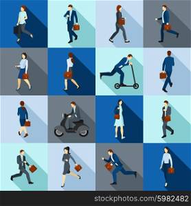 Go Working People Icons Set. Color flat long shadow icons set of people go to work on foot and using transport isolated vector illustration