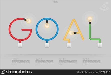 ""GOAL" Abstract linear alphabet of light bulb and light switch on gray background. Lamp and switch with area for infographic and text. Vector illustration."