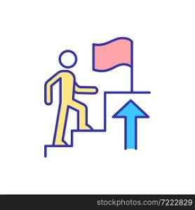 Goal accomplishment RGB color icon. Achieving aims. Reaching goals and succeed. Target and destination. Mission to lead. Champion. Isolated vector illustration. Simple filled line drawing. Goal accomplishment RGB color icon