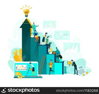 Goal achievement and teamwork business concept, career growth and cooperation for development of project, idea vector flat cartoon illustration. Ladder of success and people working at every step. Target achievement and teamwork business concept