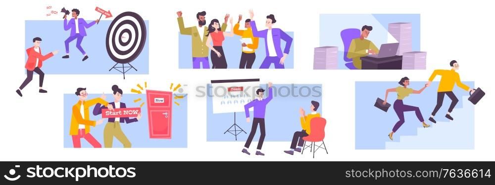 Goal achievement flat compositions with people attending business lectures and used help of professional coaches isolated vector illustration