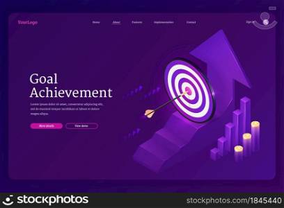Goal achievement isometric landing page. Business target strategy, arrow stuck in center of shooting aim and growing graphs. Financial success, entrepreneurship, grow market 3d vector web banner. Goal achievement isometric landing, business aim