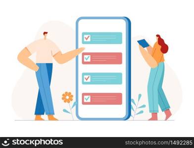 Goal achievement planning schedule. Businessmen marking checklist in smartphone. Business tasking concept. Flat vector Illustration. Use in web project and application.