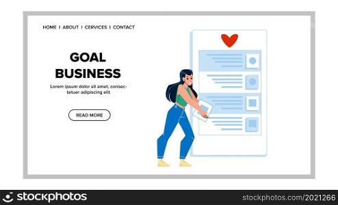 Goal Business And Tasks Checking Woman Vector. Young Businesswoman Analyzing Goal Business And Successful Achievement. Character Businessperson Challenge Web Flat Cartoon Illustration. Goal Business And Tasks Checking Woman Vector