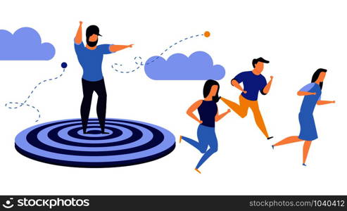 Goal employee man and woman business action target. Run to journey concept vector illustration achievement. Success leadership background work. Challenge award aim direction banner. Timely ambition