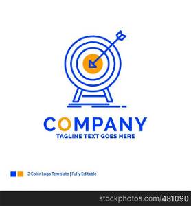 goal, hit, market, success, target Blue Yellow Business Logo template. Creative Design Template Place for Tagline.